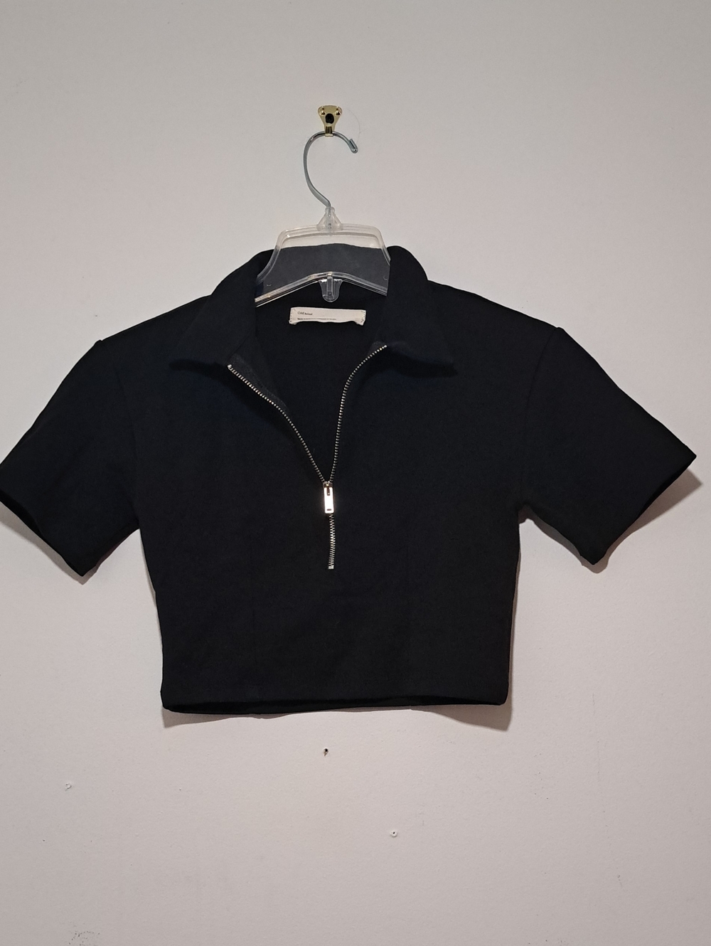 OAK Black Cropped Polo with Front Zipper